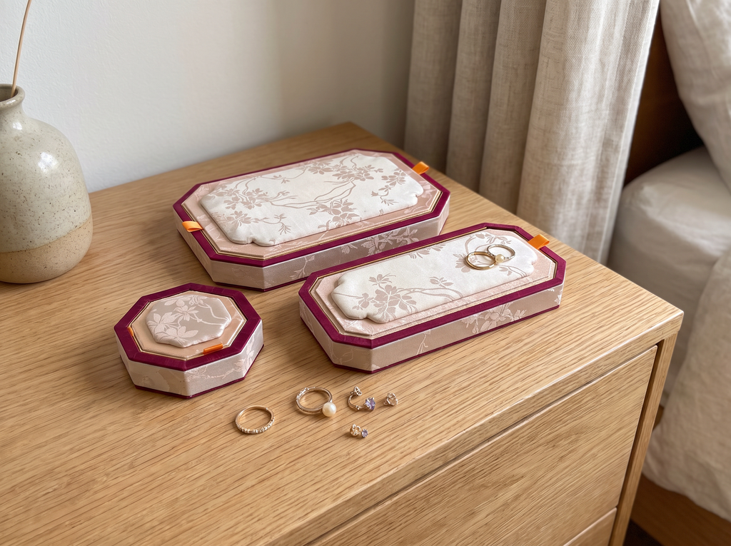 Floral Fabric Jewelry Trays with Raised Edges for Vanity or Dresser Organization in a realistic home setting