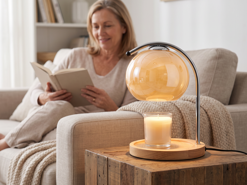 Retro Glass Candle Warmer Lamp with Dimmer for Cozy Scented Home Atmosphere shown in natural everyday use at home