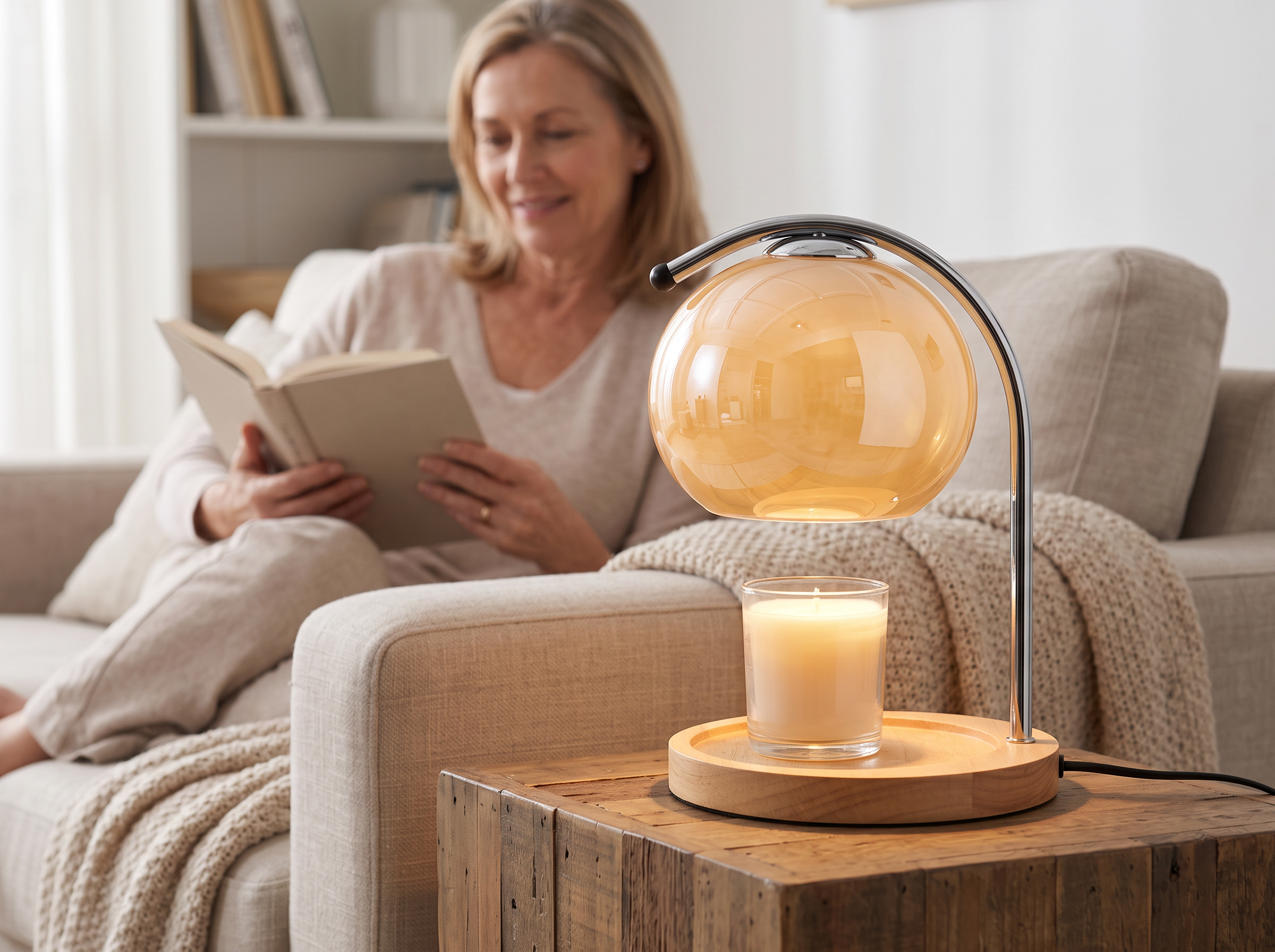 Retro Glass Candle Warmer Lamp with Dimmer for Cozy Scented Home Atmosphere shown in natural everyday use at home