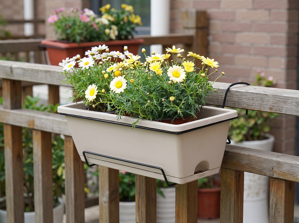 Rectangular Balcony Railing Planter with Drainage Tray and Metal Hanging Rack in a realistic home setting