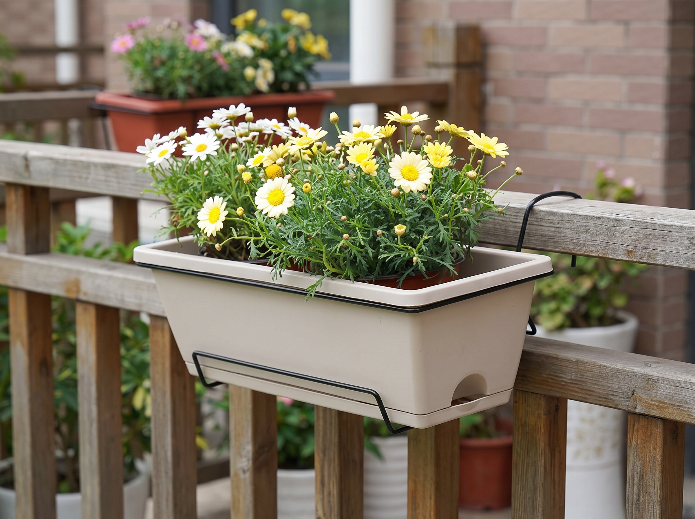 Rectangular Balcony Railing Planter with Drainage Tray and Metal Hanging Rack in a realistic home setting
