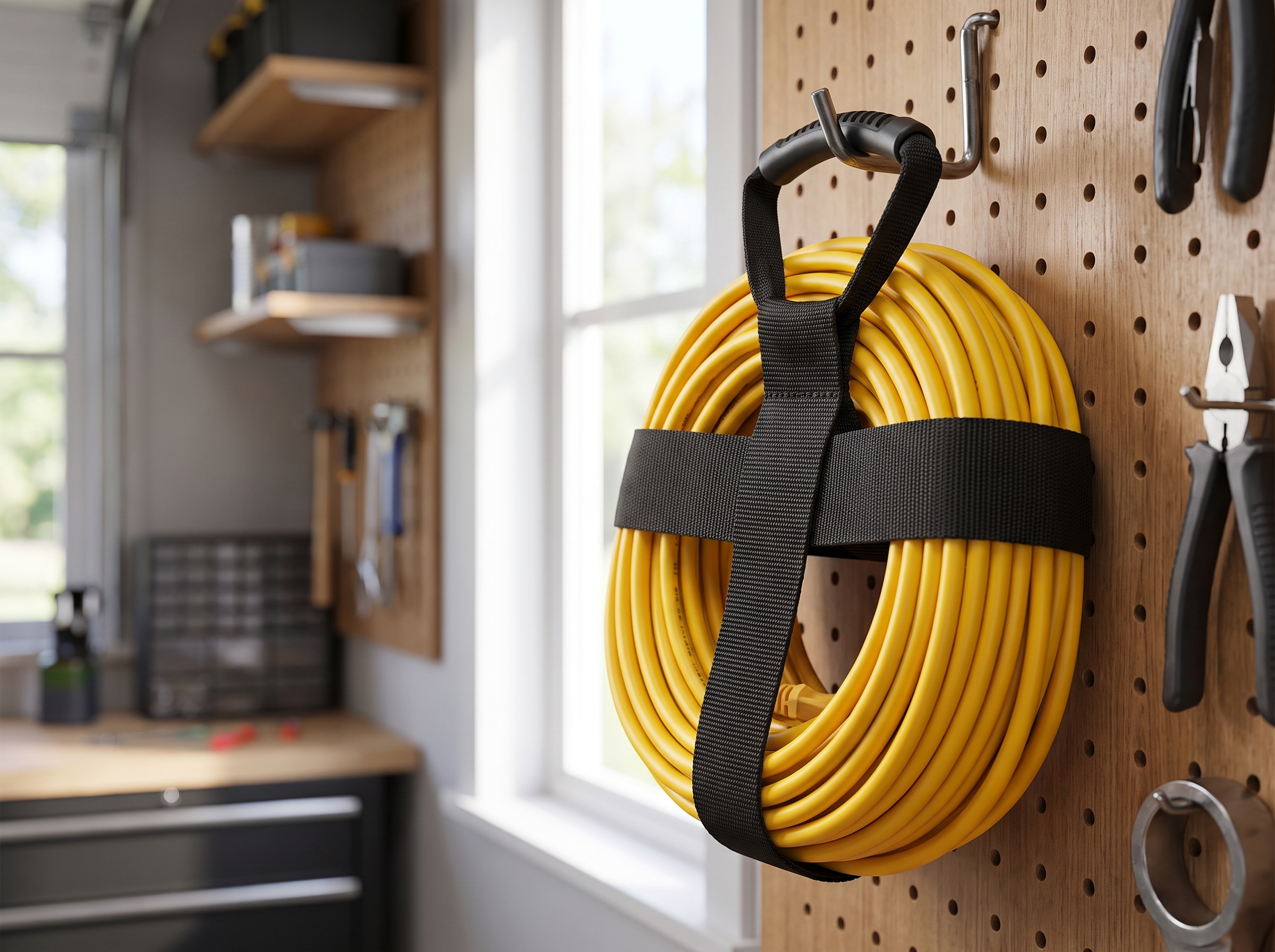 Heavy-Duty Cord and Hose Organizer Strap with Handle for Garage or Garden in a realistic home setting
