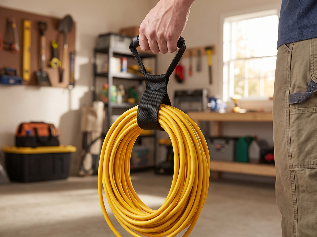 Heavy-Duty Cord and Hose Organizer Strap with Handle for Garage or Garden shown in natural everyday use at home