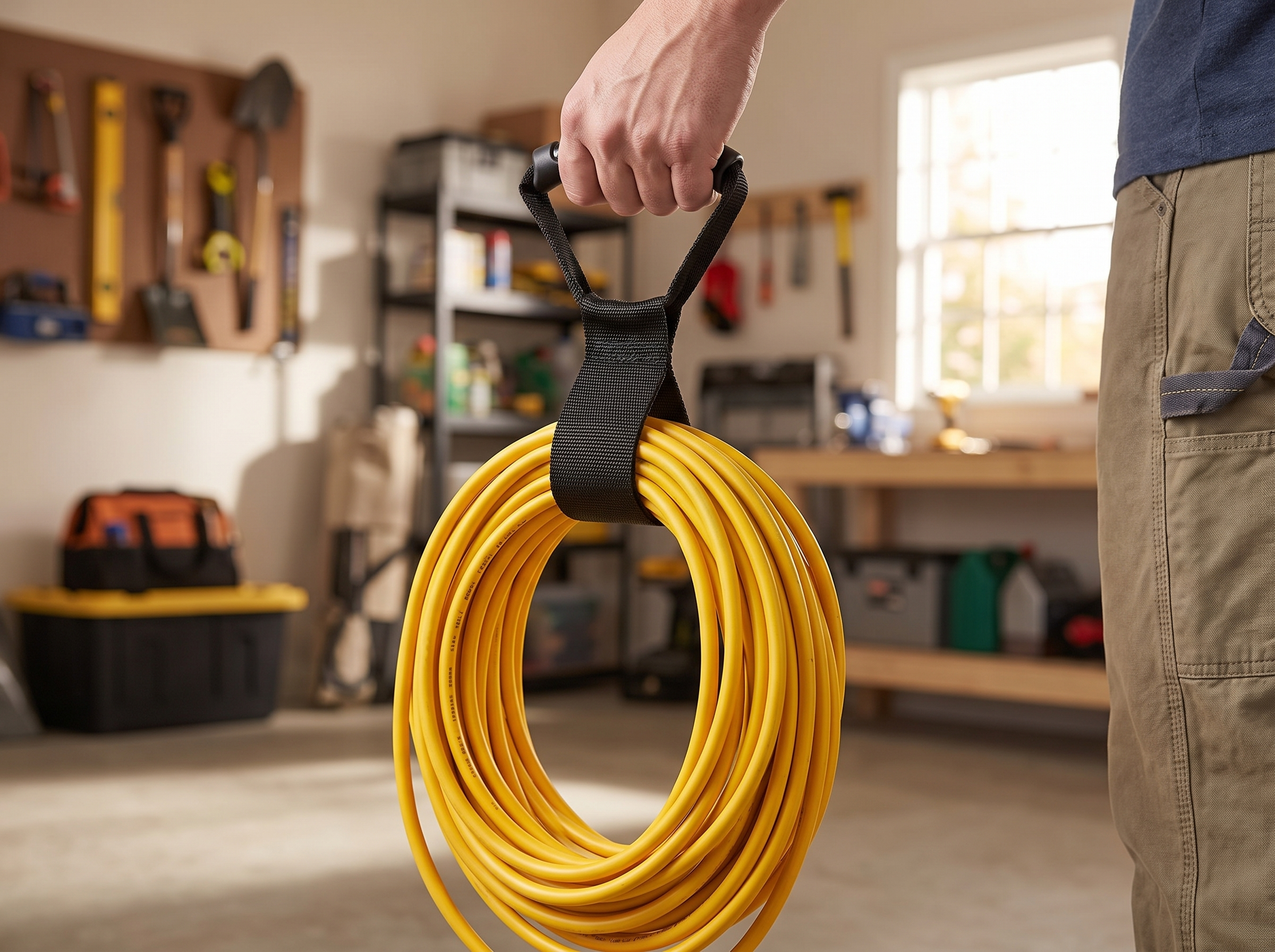Heavy-Duty Cord and Hose Organizer Strap with Handle for Garage or Garden shown in natural everyday use at home