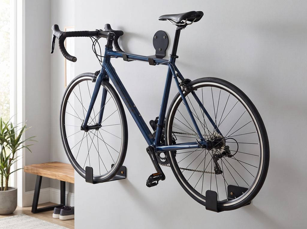 Wall-Mounted Bicycle Rack with Hooks for Secure Indoor Bike Storage in a realistic home setting