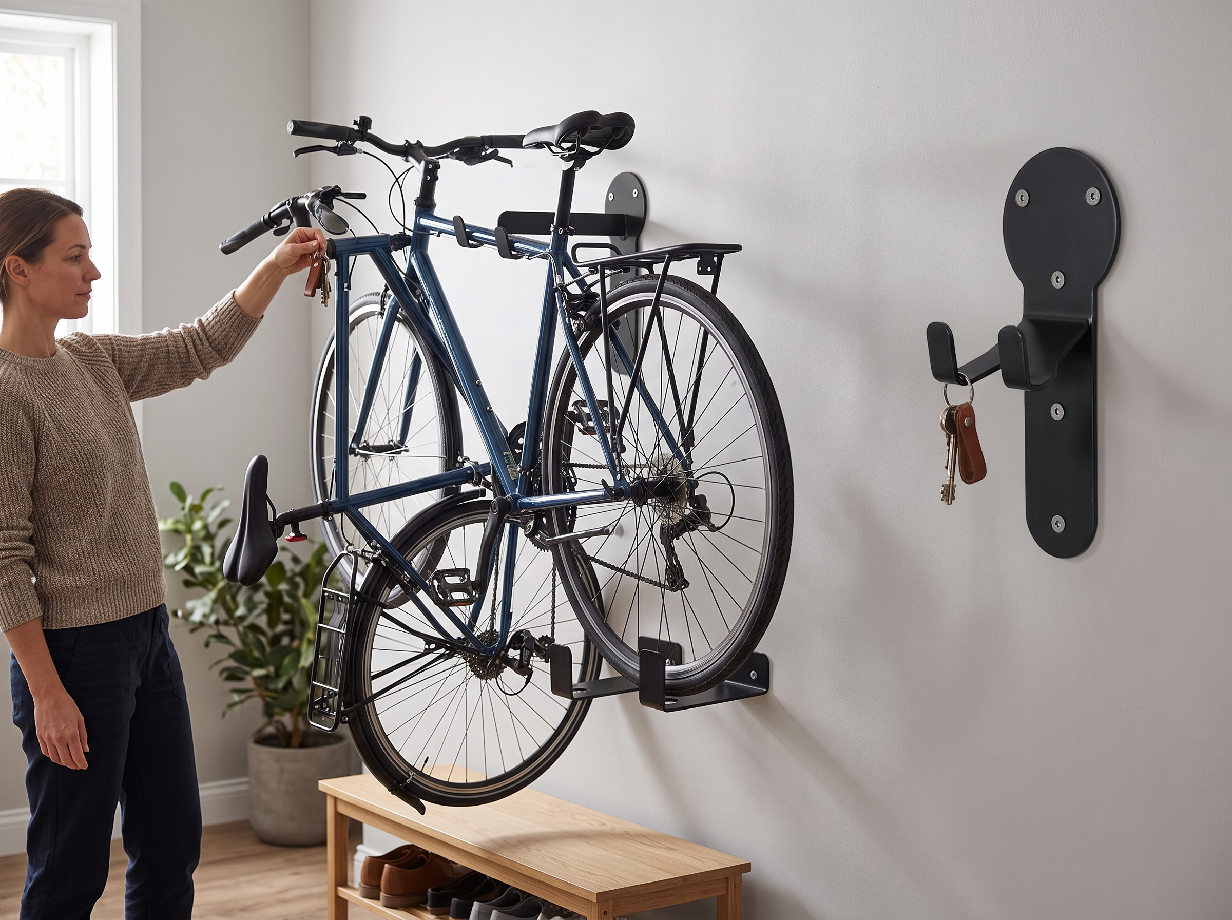 Wall-Mounted Bicycle Rack with Hooks for Secure Indoor Bike Storage shown in natural everyday use at home