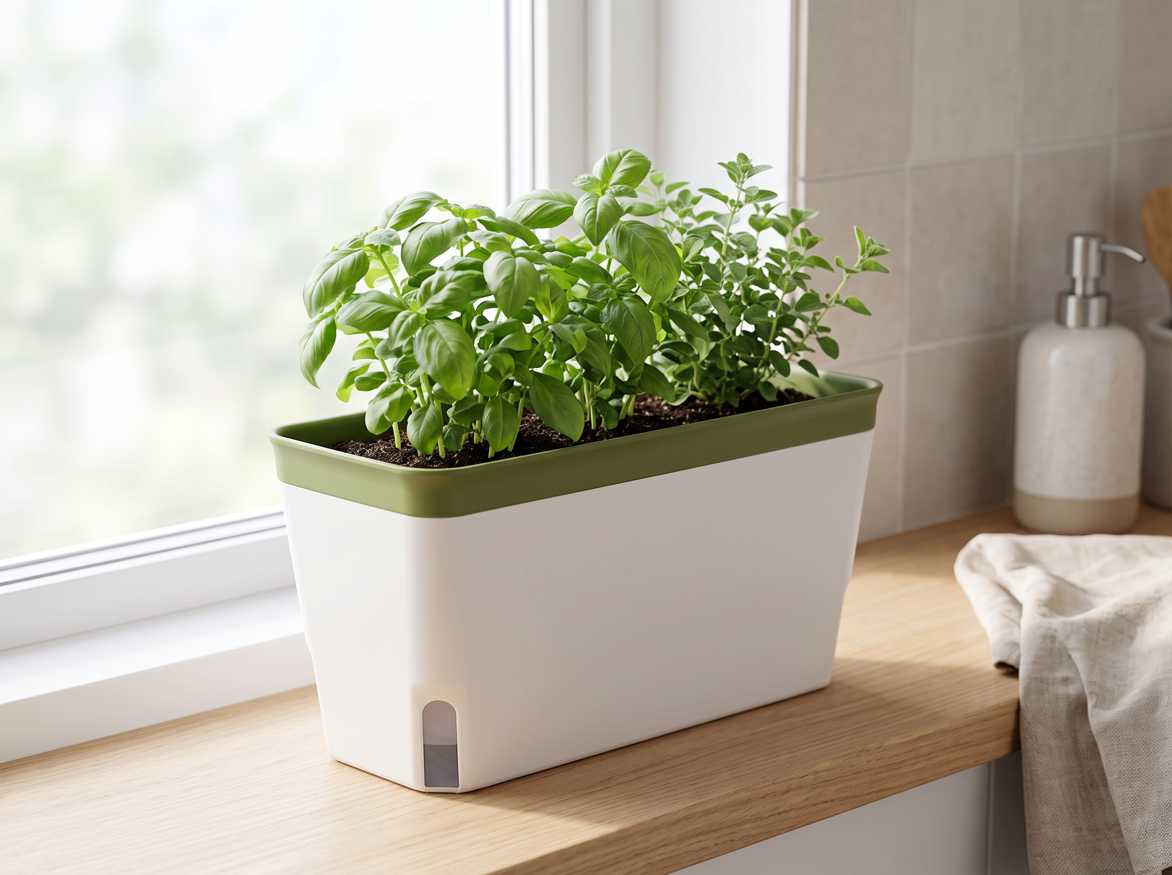 Self-Watering Windowsill Planter with Water Level Indicator for Indoor Herb Gardens in a realistic home setting