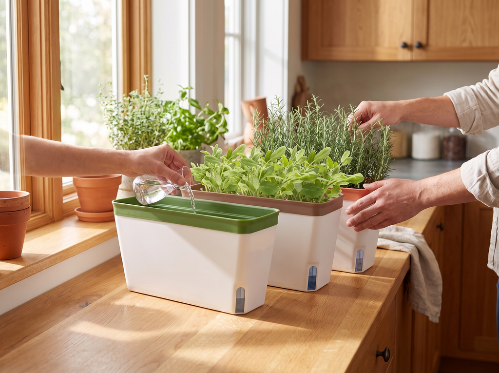 Self-Watering Windowsill Planter with Water Level Indicator for Indoor Herb Gardens shown in natural everyday use at home