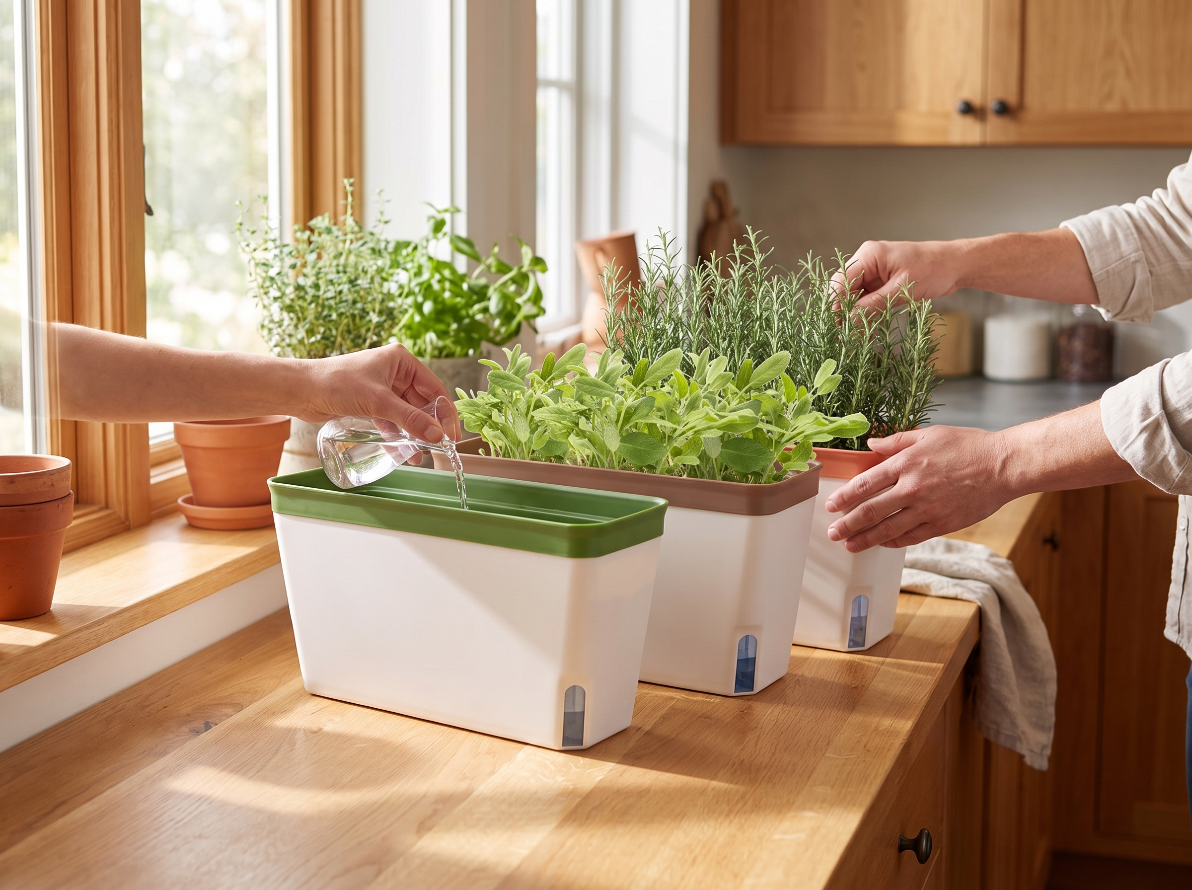 Self-Watering Windowsill Planter with Water Level Indicator for Indoor Herb Gardens shown in natural everyday use at home