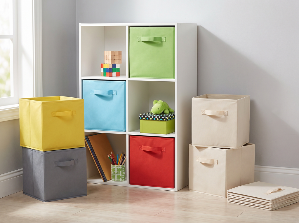 Foldable Fabric Cube Storage Bin for Shelves and Closets, Multiple Colors in a realistic home setting