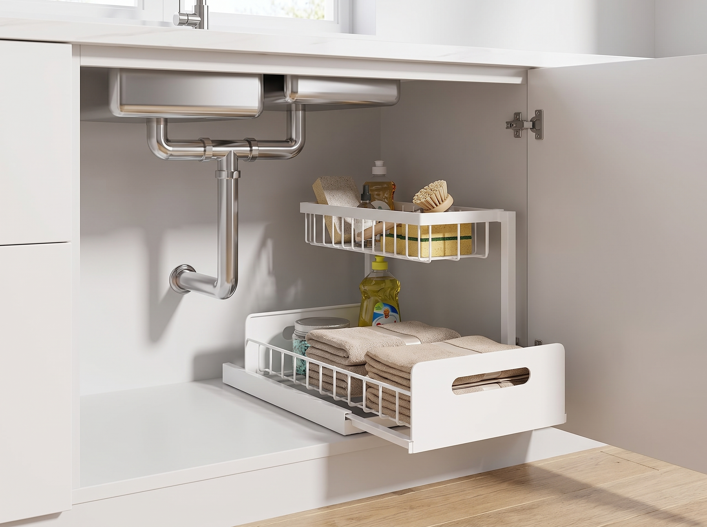 2-Tier Sliding Under-Sink Metal Organizer for Kitchen or Bathroom Cabinets in a realistic home setting