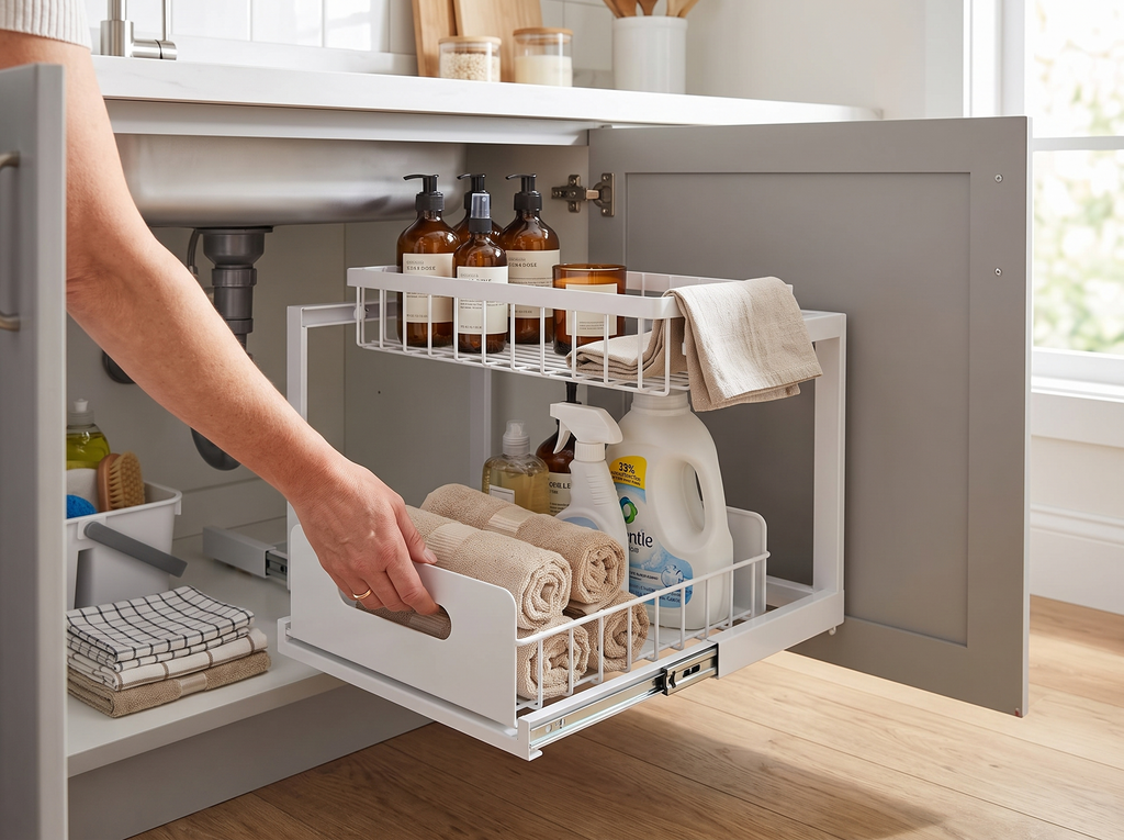 2-Tier Sliding Under-Sink Metal Organizer for Kitchen or Bathroom Cabinets shown in natural everyday use at home
