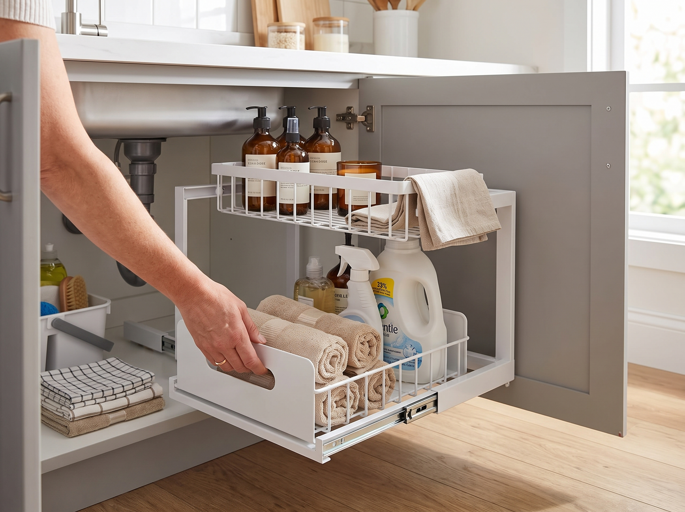 2-Tier Sliding Under-Sink Metal Organizer for Kitchen or Bathroom Cabinets shown in natural everyday use at home
