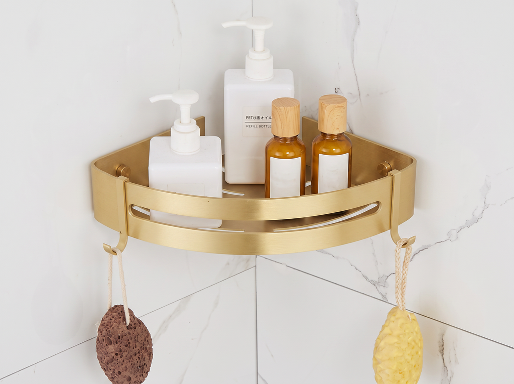 Brushed Gold Aluminum Corner Shelf with Hooks for Bathroom or Shower Storage in a realistic home setting
