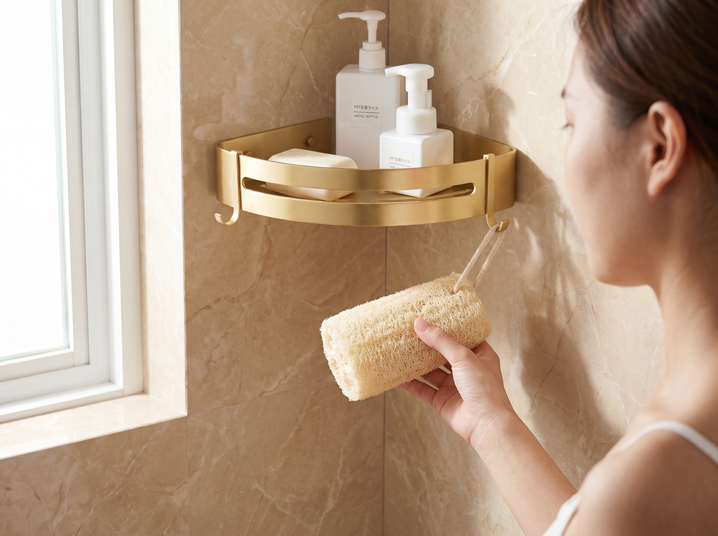 Brushed Gold Aluminum Corner Shelf with Hooks for Bathroom or Shower Storage shown in natural everyday use at home
