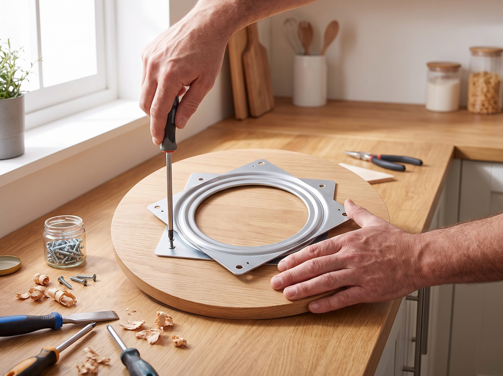 6-Inch Square Rotating Turntable Bearing for DIY Lazy Susans or Swivel Trays shown in natural everyday use at home