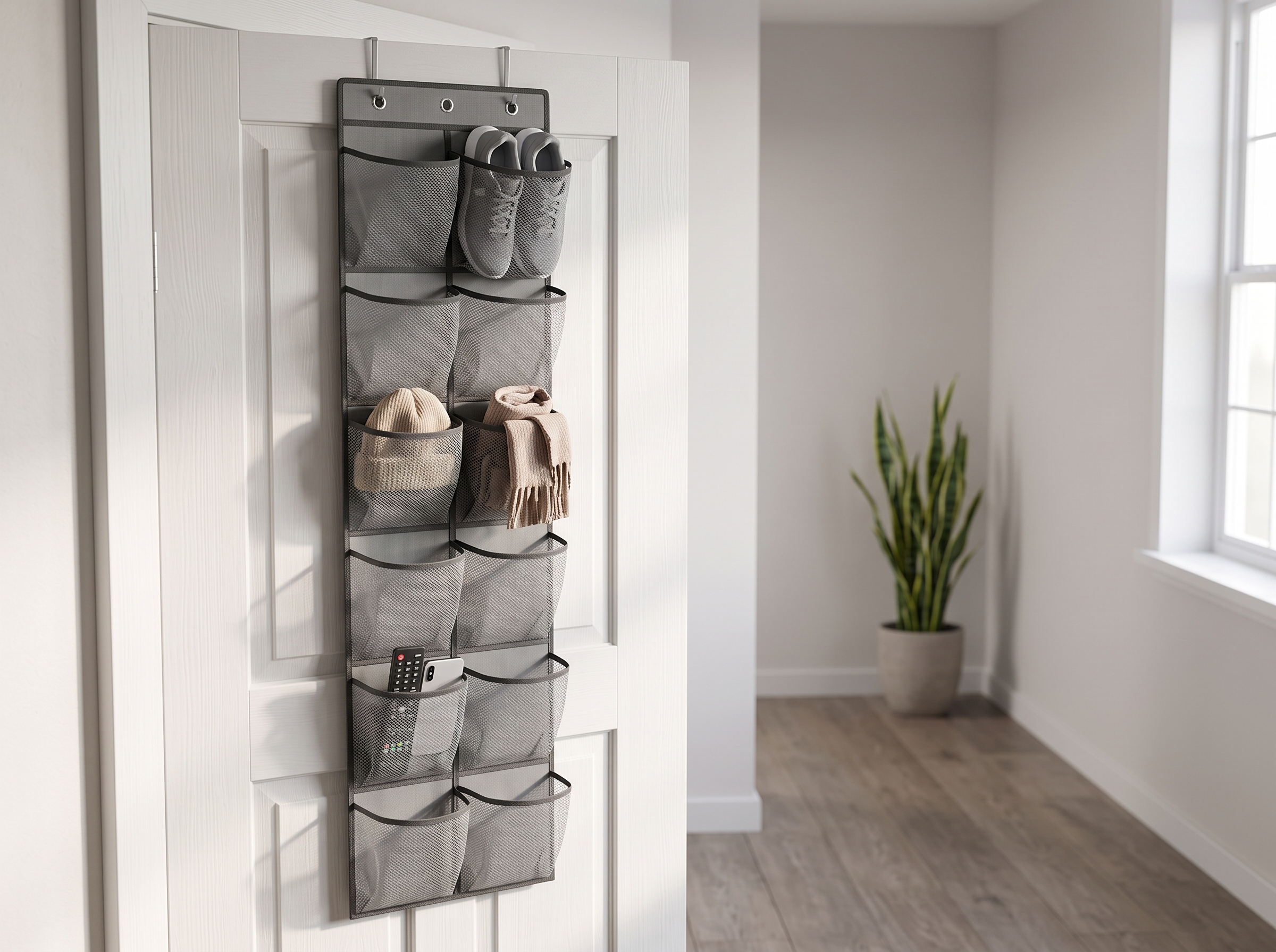Over-the-Door Mesh Pocket Organizer for Shoes and Small Items, 12 Pockets in a realistic home setting