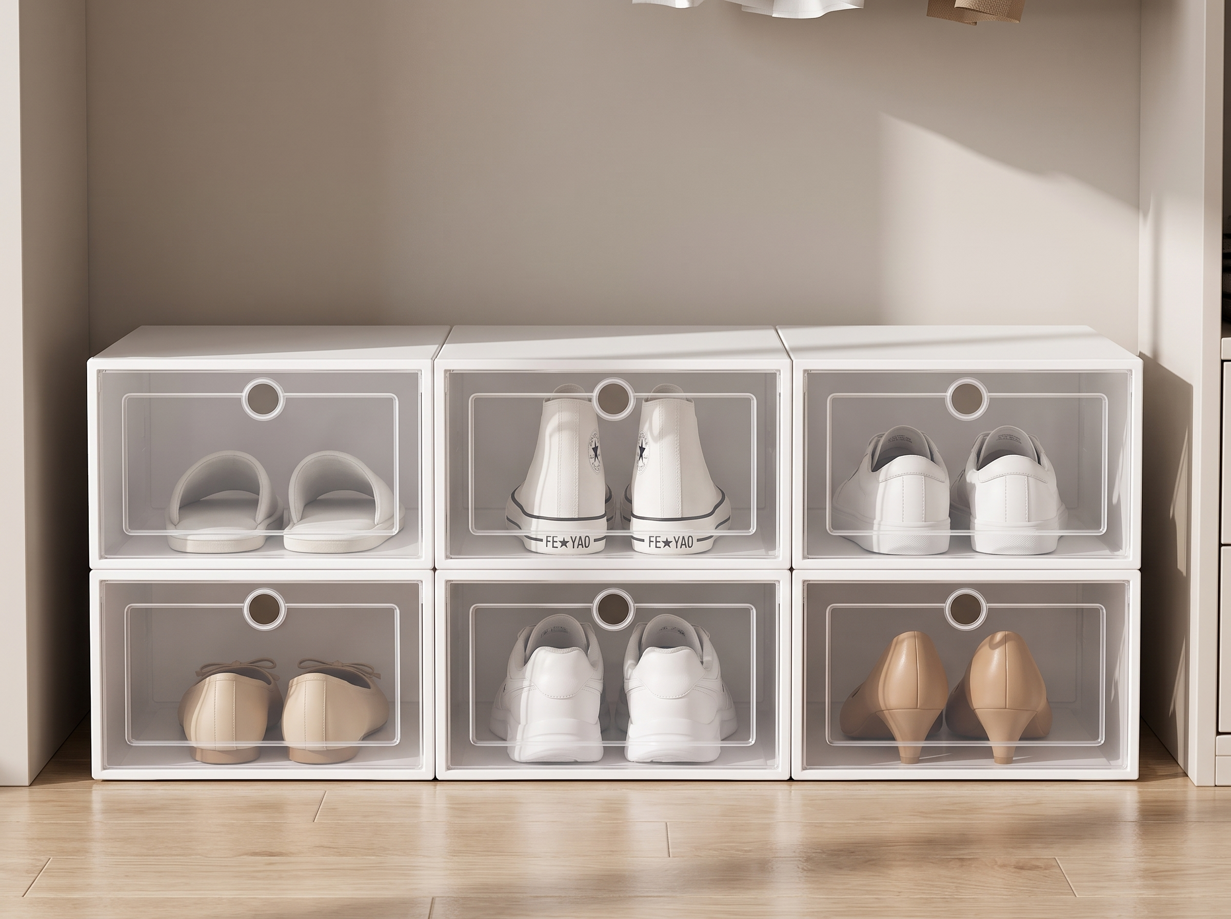 6-Pack Stackable Transparent Shoe Storage Boxes for Closet or Entryway in a realistic home setting