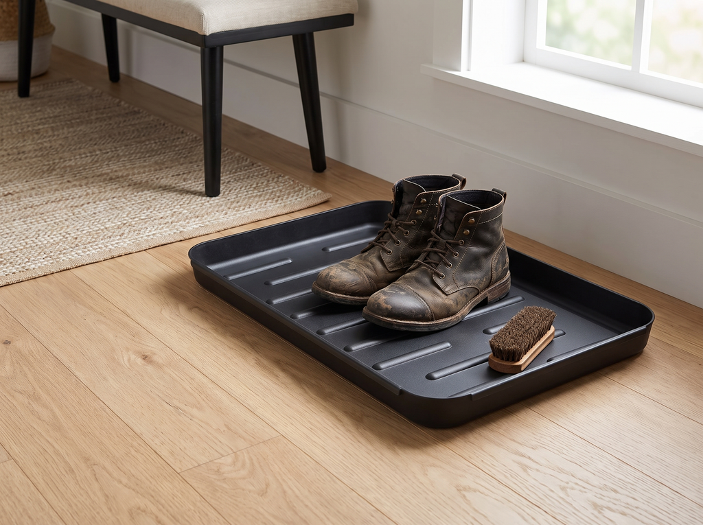 Waterproof Shoe and Boot Tray for Entryway or Closet, Black Plastic, 14" x 11" in a realistic home setting