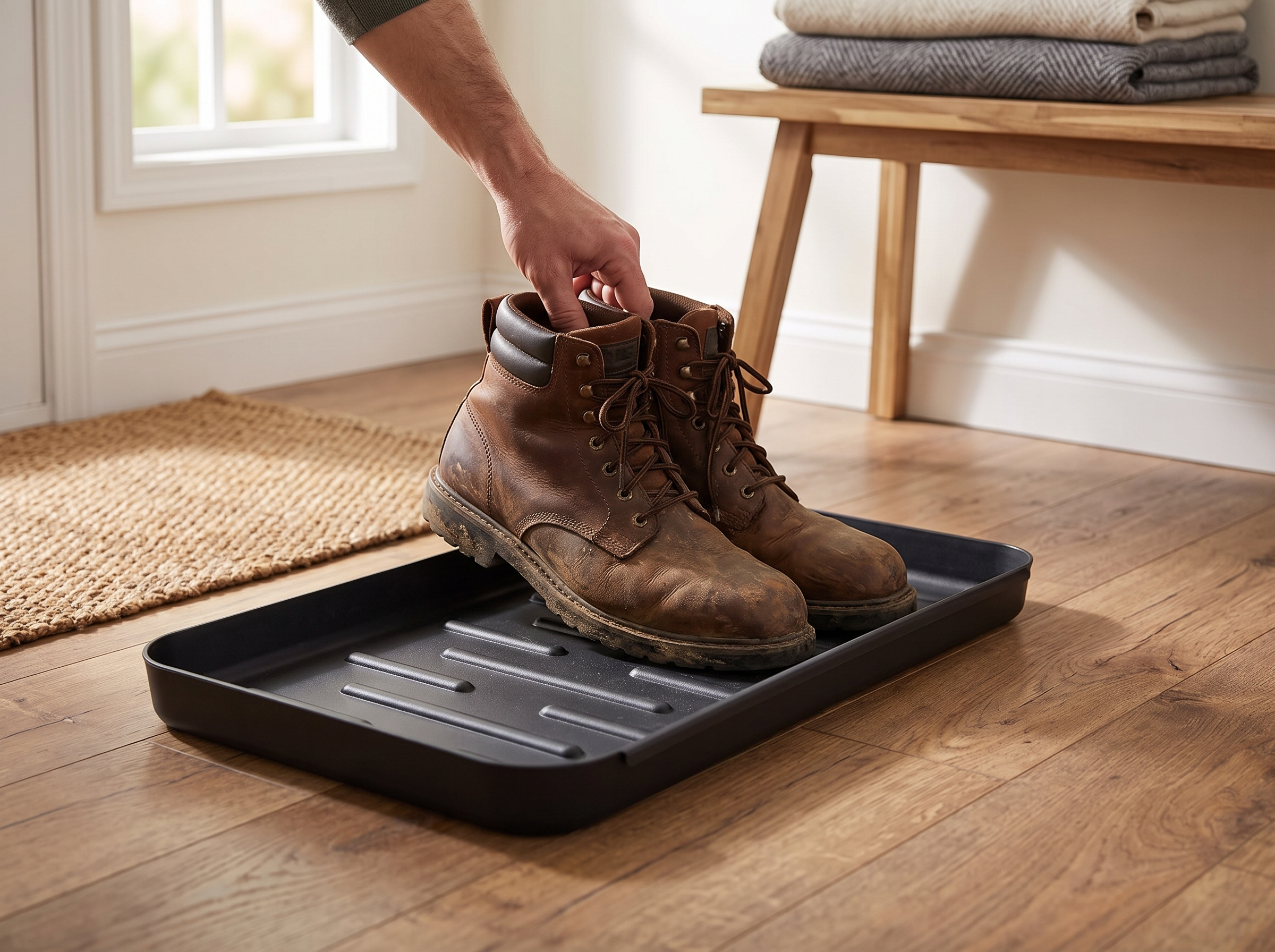 Waterproof Shoe and Boot Tray for Entryway or Closet, Black Plastic, 14" x 11" shown in natural everyday use at home