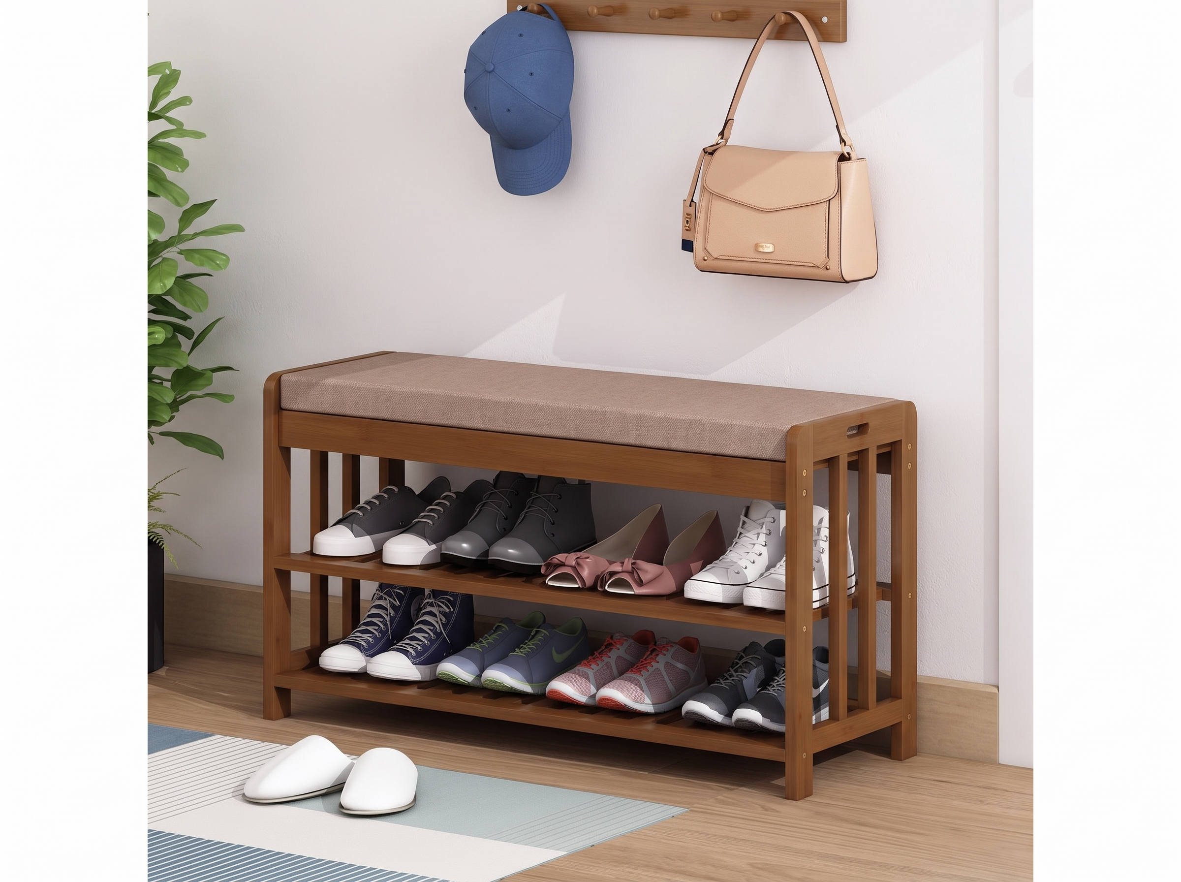 Entryway Shoe Bench with Cushioned Seat and Two-Tier Shoe Rack Storage in a realistic home setting
