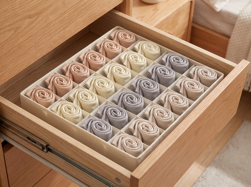 Divided Fabric Drawer Organizer for Underwear, Socks, and Bras in Khaki in a realistic home setting