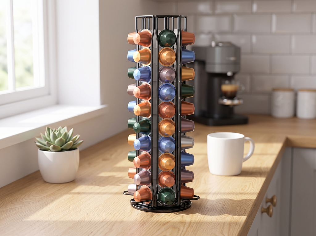 Rotating Coffee Pod Holder for Nespresso OriginalLine – 40/60 Capsule Counter Organizer in a realistic home setting