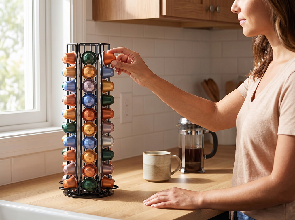 Rotating Coffee Pod Holder for Nespresso OriginalLine – 40/60 Capsule Counter Organizer shown in natural everyday use at home