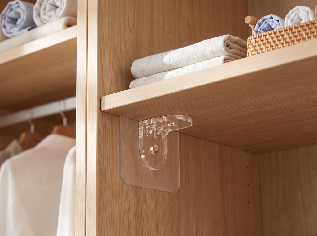Clear Acrylic Shelf Support Brackets for No-Drill Cabinet and Closet Organization in a realistic home setting