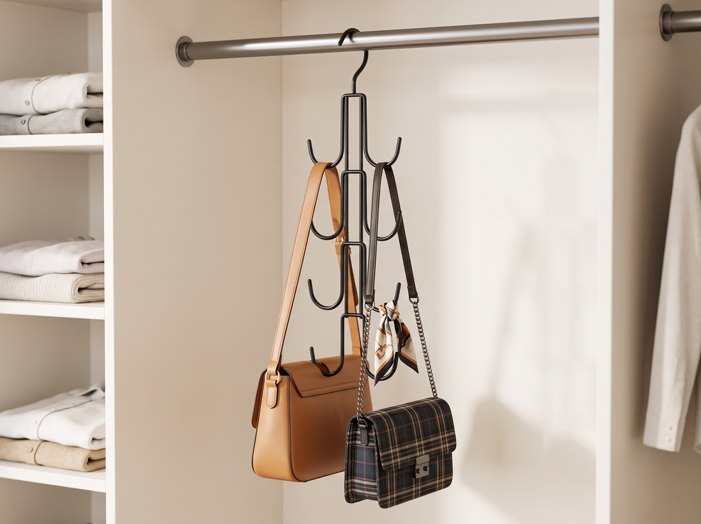 Multi-Hook Metal Purse & Accessories Hanger for Closet Organization in a realistic home setting