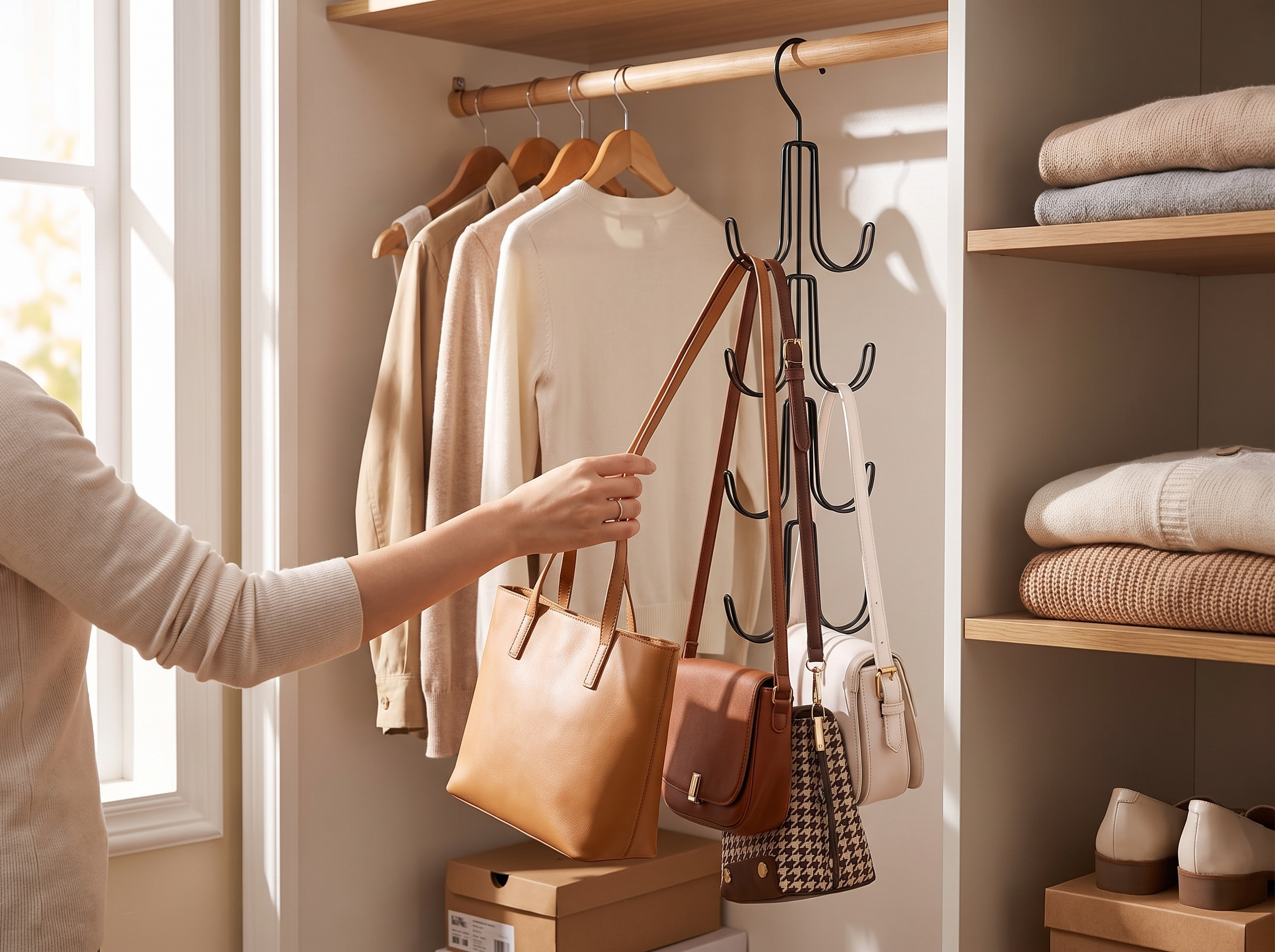 Multi-Hook Metal Purse & Accessories Hanger for Closet Organization shown in natural everyday use at home
