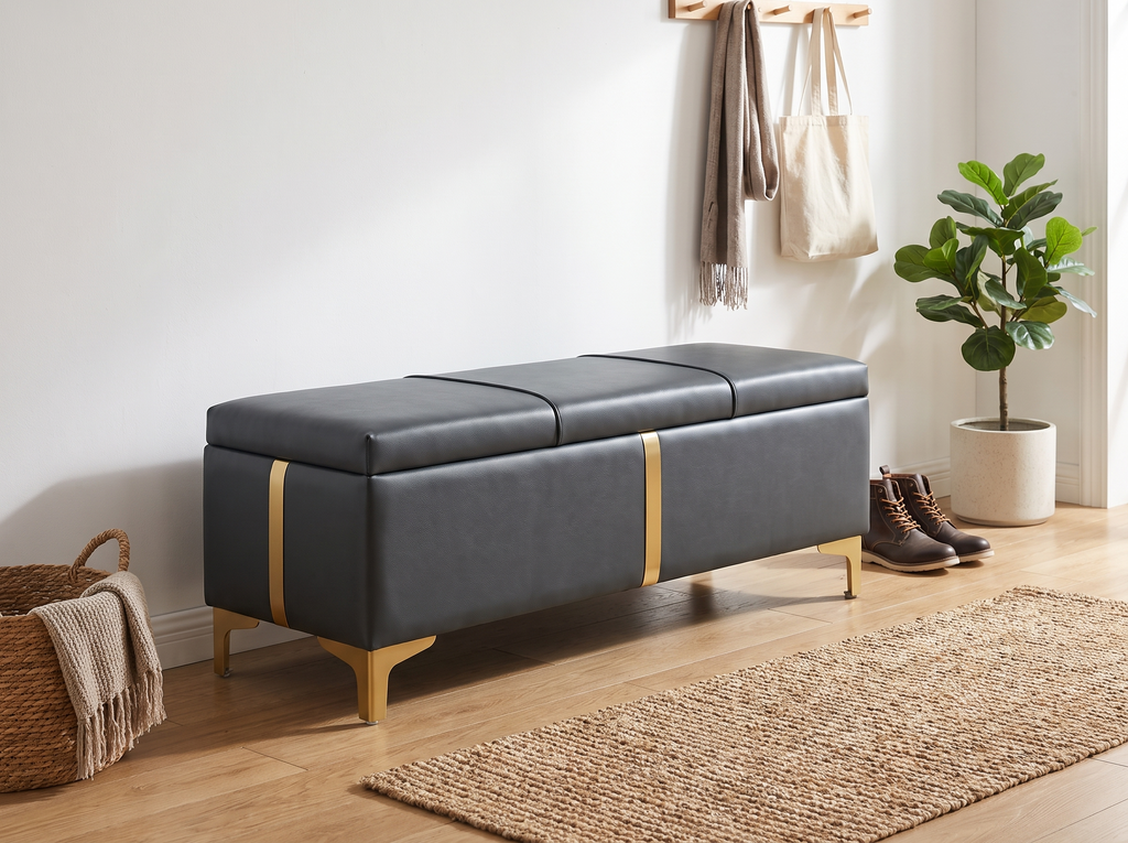 Upholstered Storage Ottoman Bench with Gold Metal Legs for Entryway or Bedroom in a realistic home setting