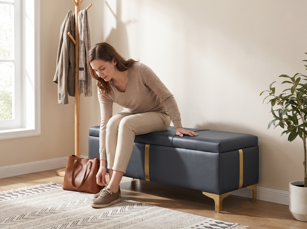 Upholstered Storage Ottoman Bench with Gold Metal Legs for Entryway or Bedroom shown in natural everyday use at home