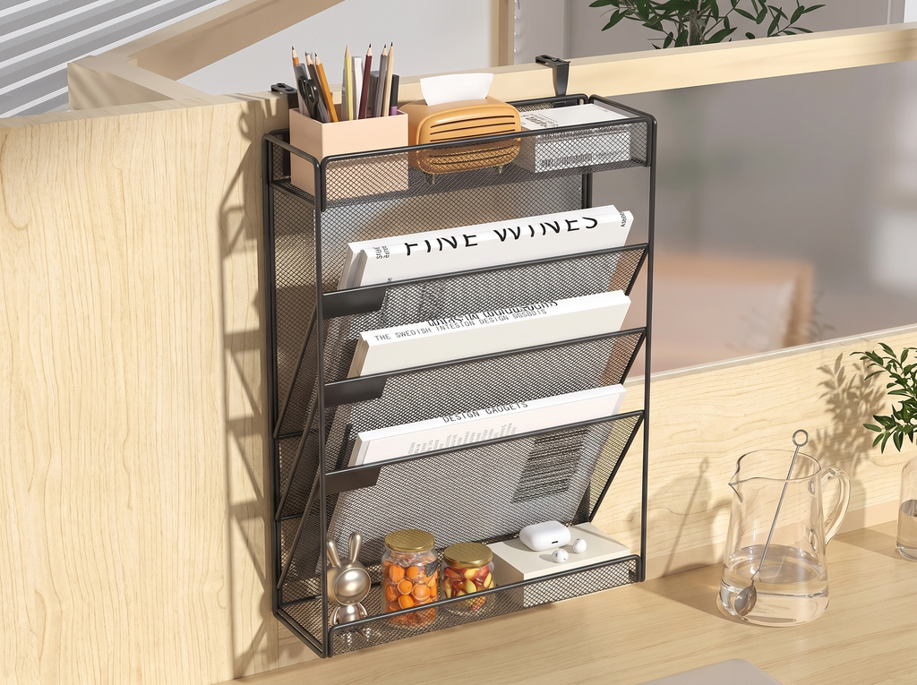 Mesh Wall-Mounted Desk Organizer with Adjustable Hooks, 4-6 Tiers in a realistic home setting