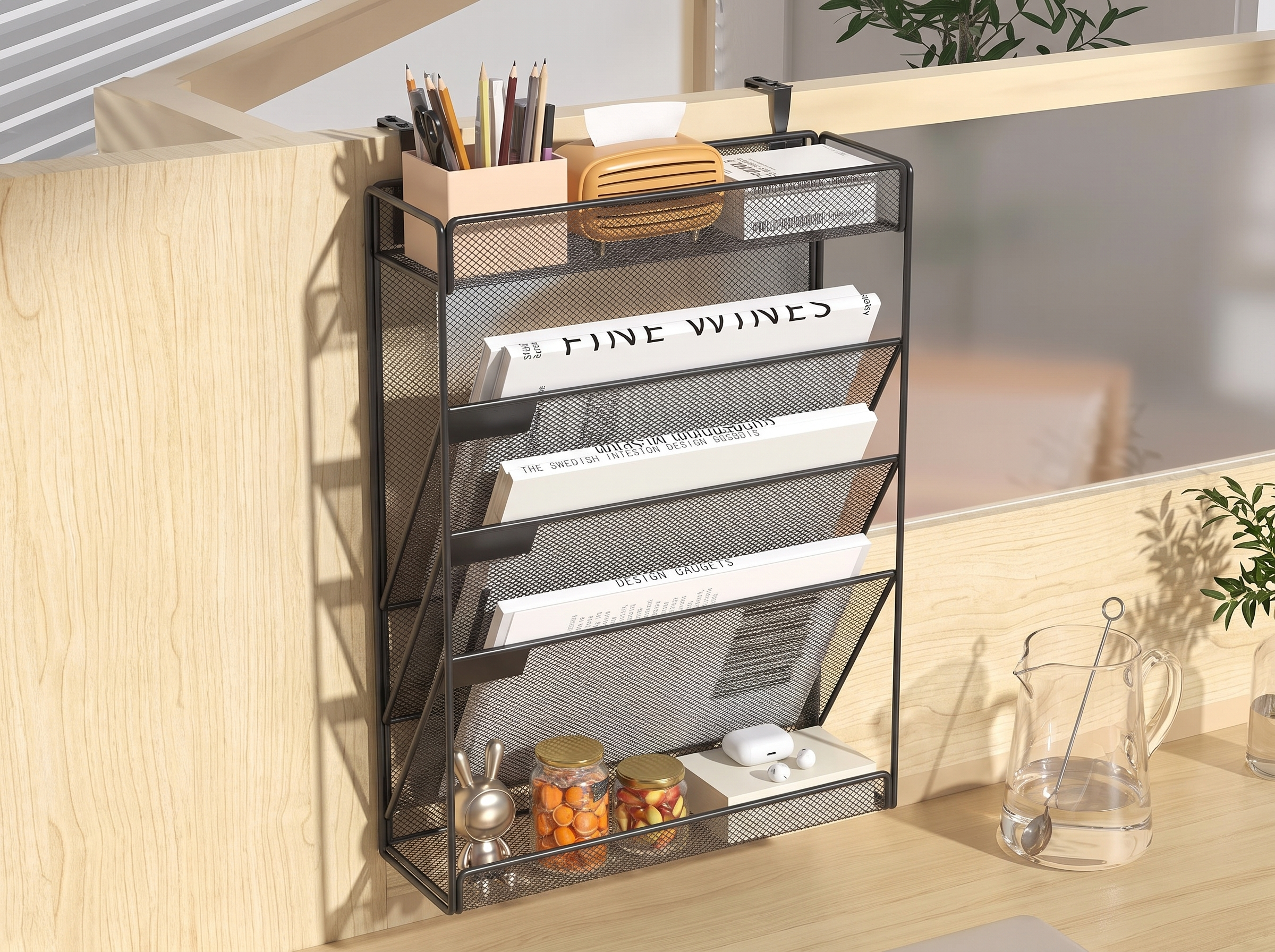 Mesh Wall-Mounted Desk Organizer with Adjustable Hooks, 4-6 Tiers in a realistic home setting