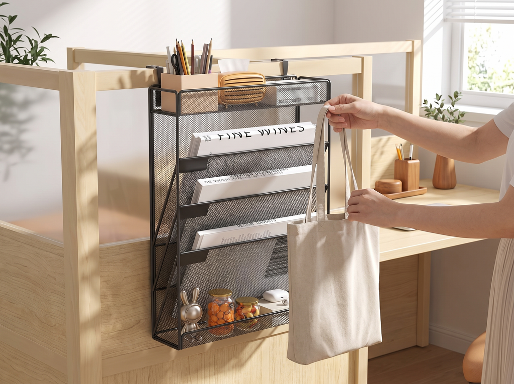 Mesh Wall-Mounted Desk Organizer with Adjustable Hooks, 4-6 Tiers shown in natural everyday use at home