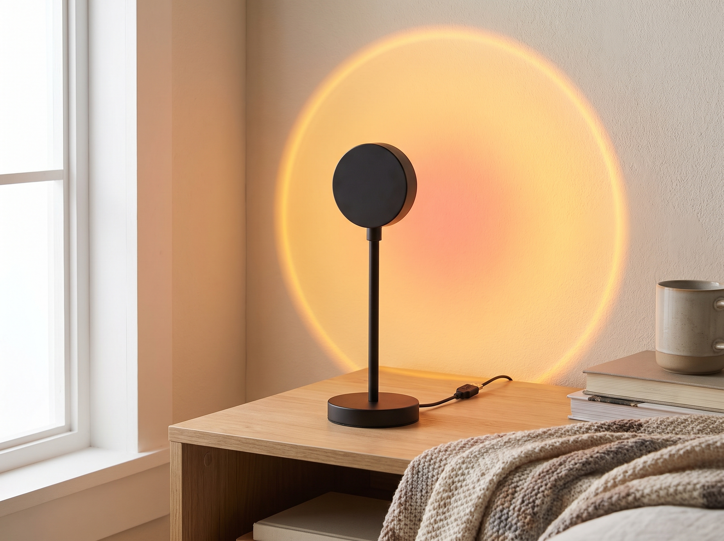 USB Sunset Projection Lamp for Cozy Bedroom or Living Room Ambiance in a realistic home setting