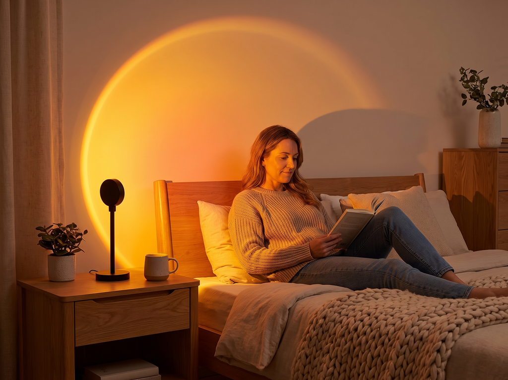 USB Sunset Projection Lamp for Cozy Bedroom or Living Room Ambiance shown in natural everyday use at home