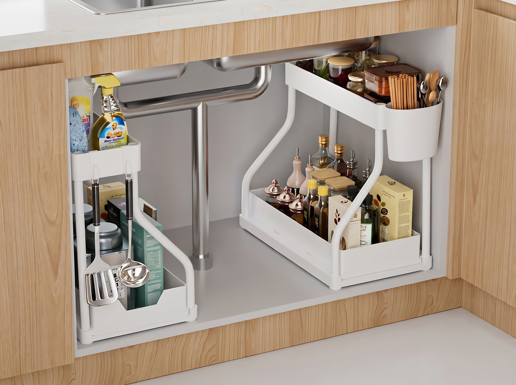 2-Tier Pull-Out Under Sink Organizer for Kitchen and Bathroom Cabinets in a realistic home setting