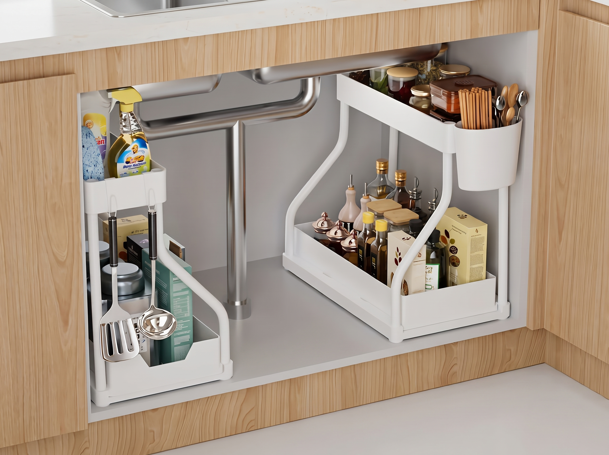 2-Tier Pull-Out Under Sink Organizer for Kitchen and Bathroom Cabinets in a realistic home setting