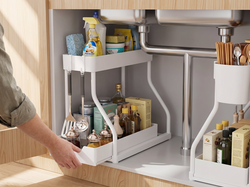2-Tier Pull-Out Under Sink Organizer for Kitchen and Bathroom Cabinets shown in natural everyday use at home