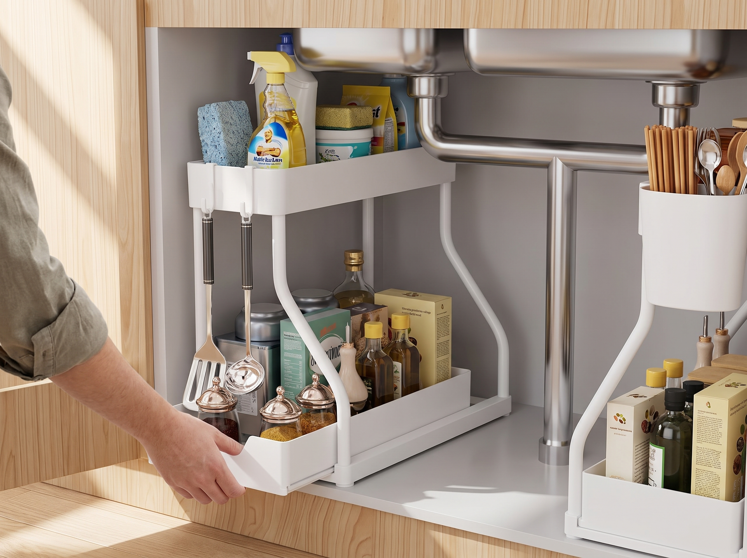 2-Tier Pull-Out Under Sink Organizer for Kitchen and Bathroom Cabinets shown in natural everyday use at home