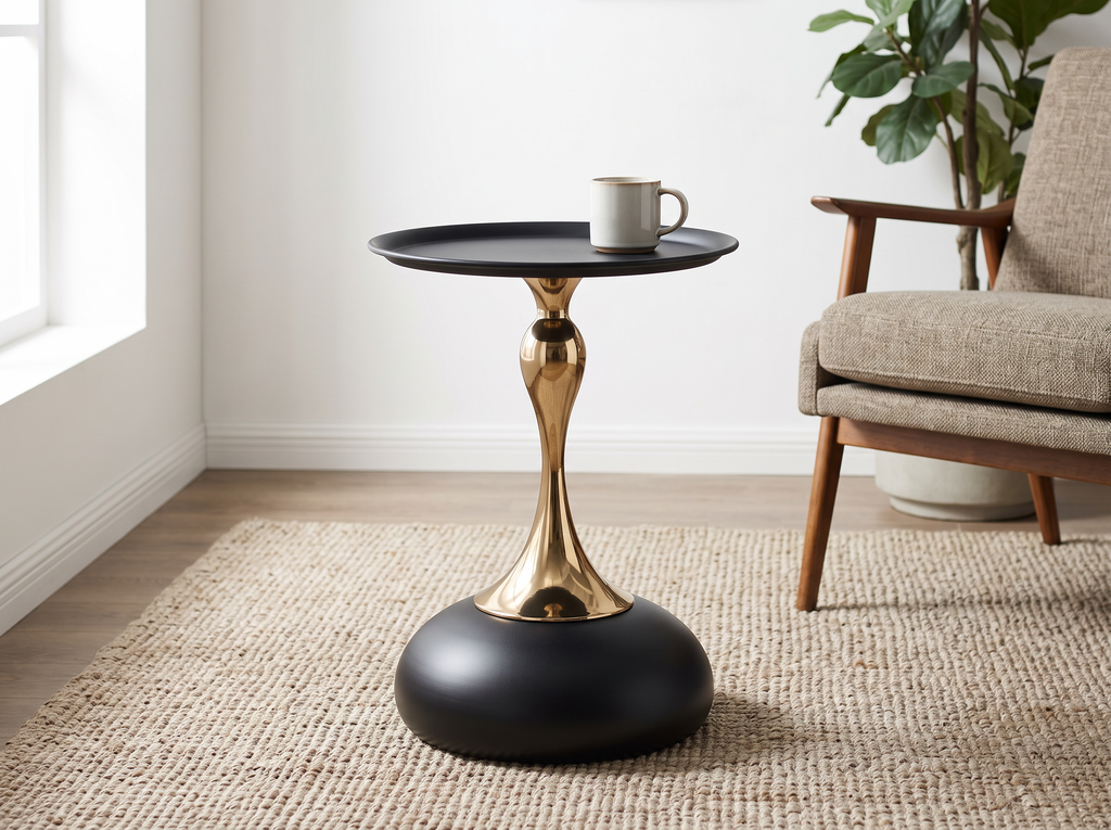 Modern Metal Round Side Table for Small Living Rooms, Bedrooms, or Balconies in a realistic home setting