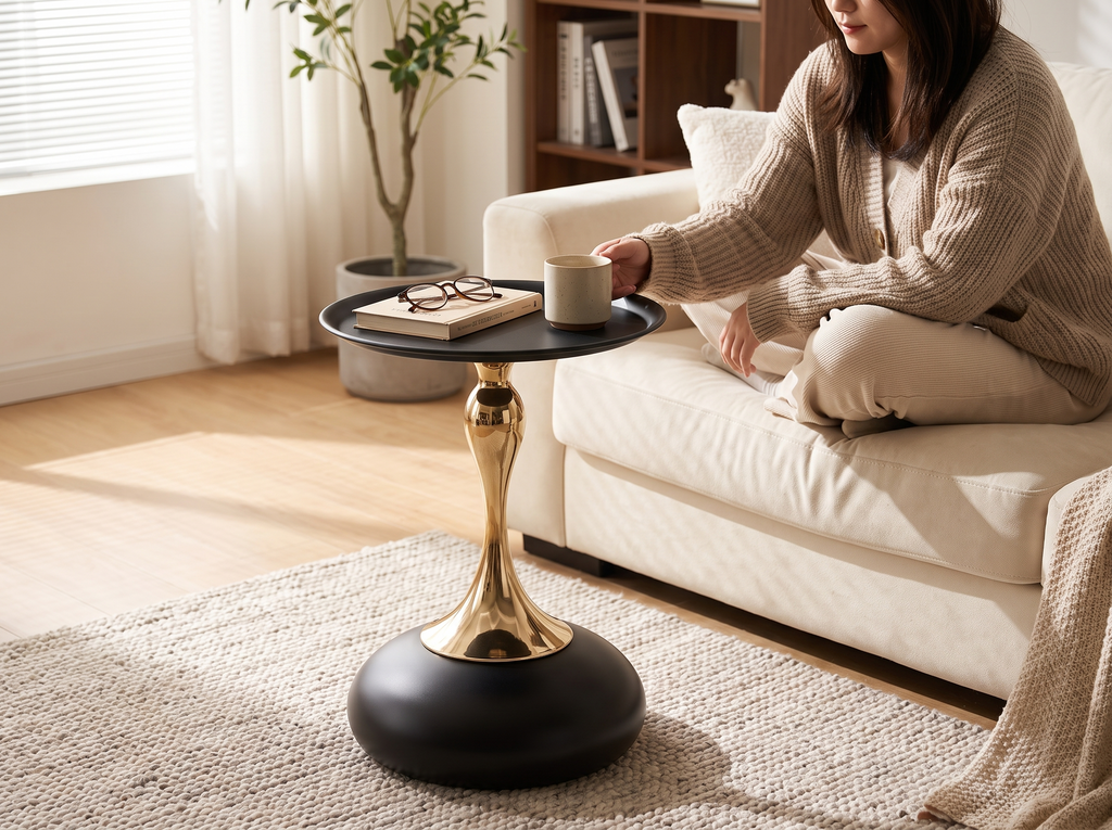 Modern Metal Round Side Table for Small Living Rooms, Bedrooms, or Balconies shown in natural everyday use at home