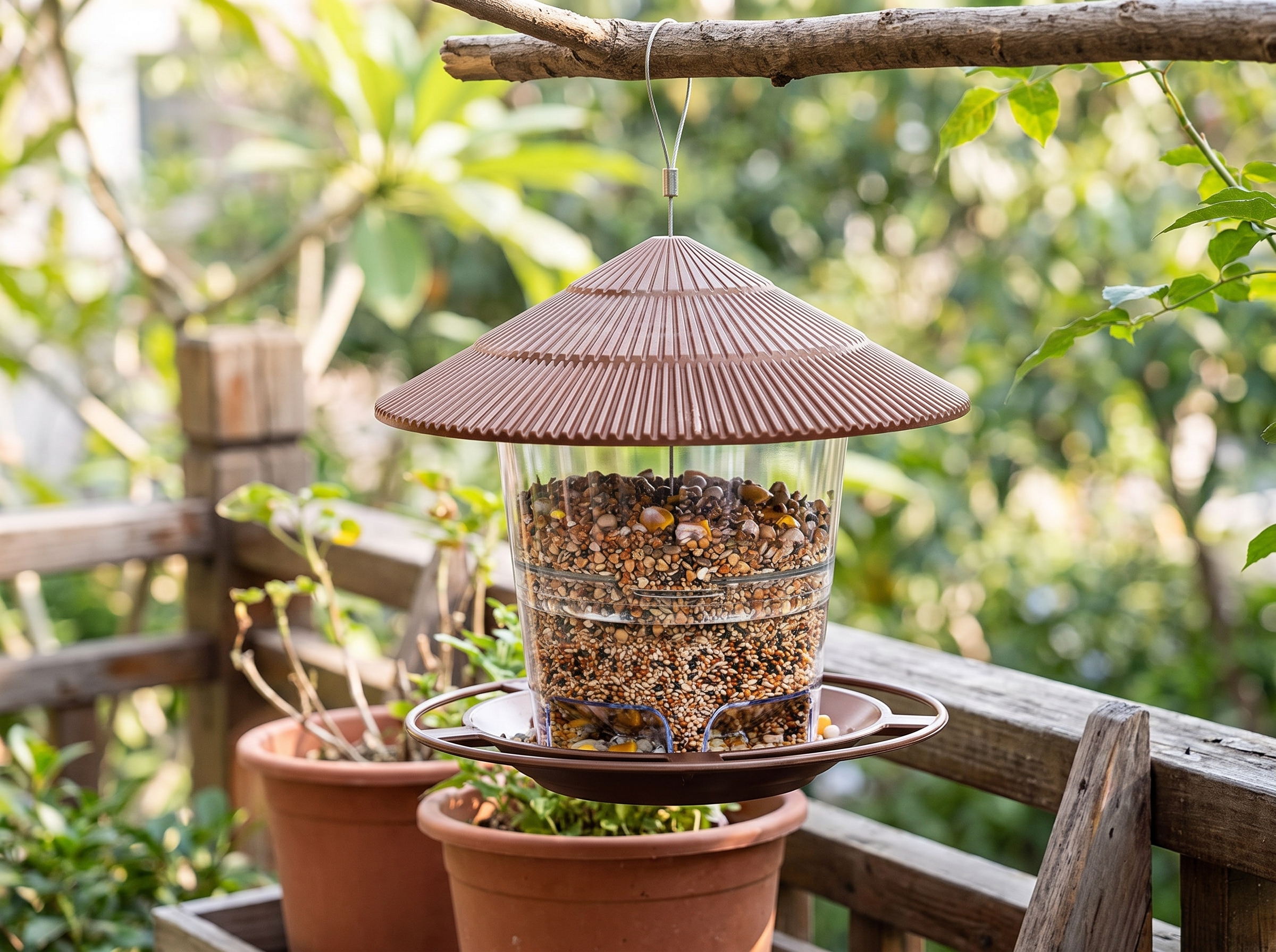 Hanging Waterproof Bird Feeder with Multiple Feeding Ports for Garden or Balcony in a realistic home setting