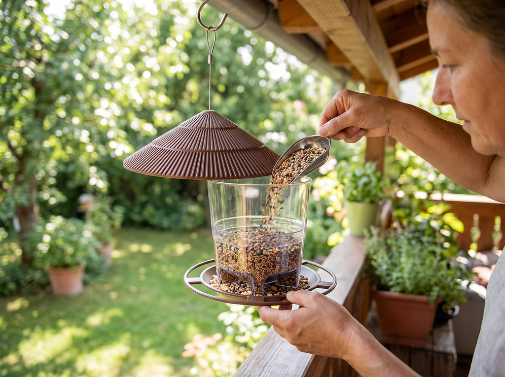 Hanging Waterproof Bird Feeder with Multiple Feeding Ports for Garden or Balcony shown in natural everyday use at home