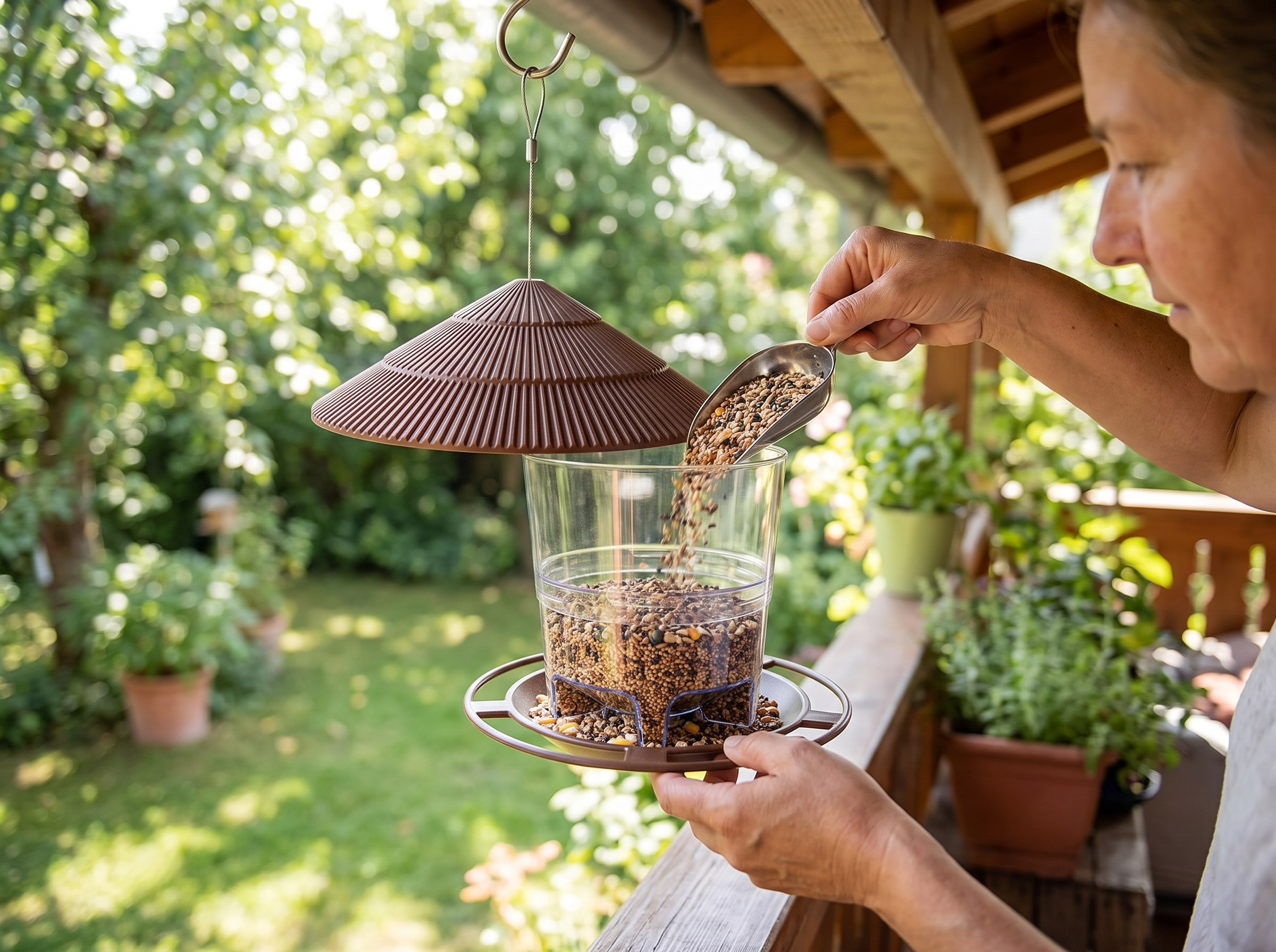 Hanging Waterproof Bird Feeder with Multiple Feeding Ports for Garden or Balcony shown in natural everyday use at home