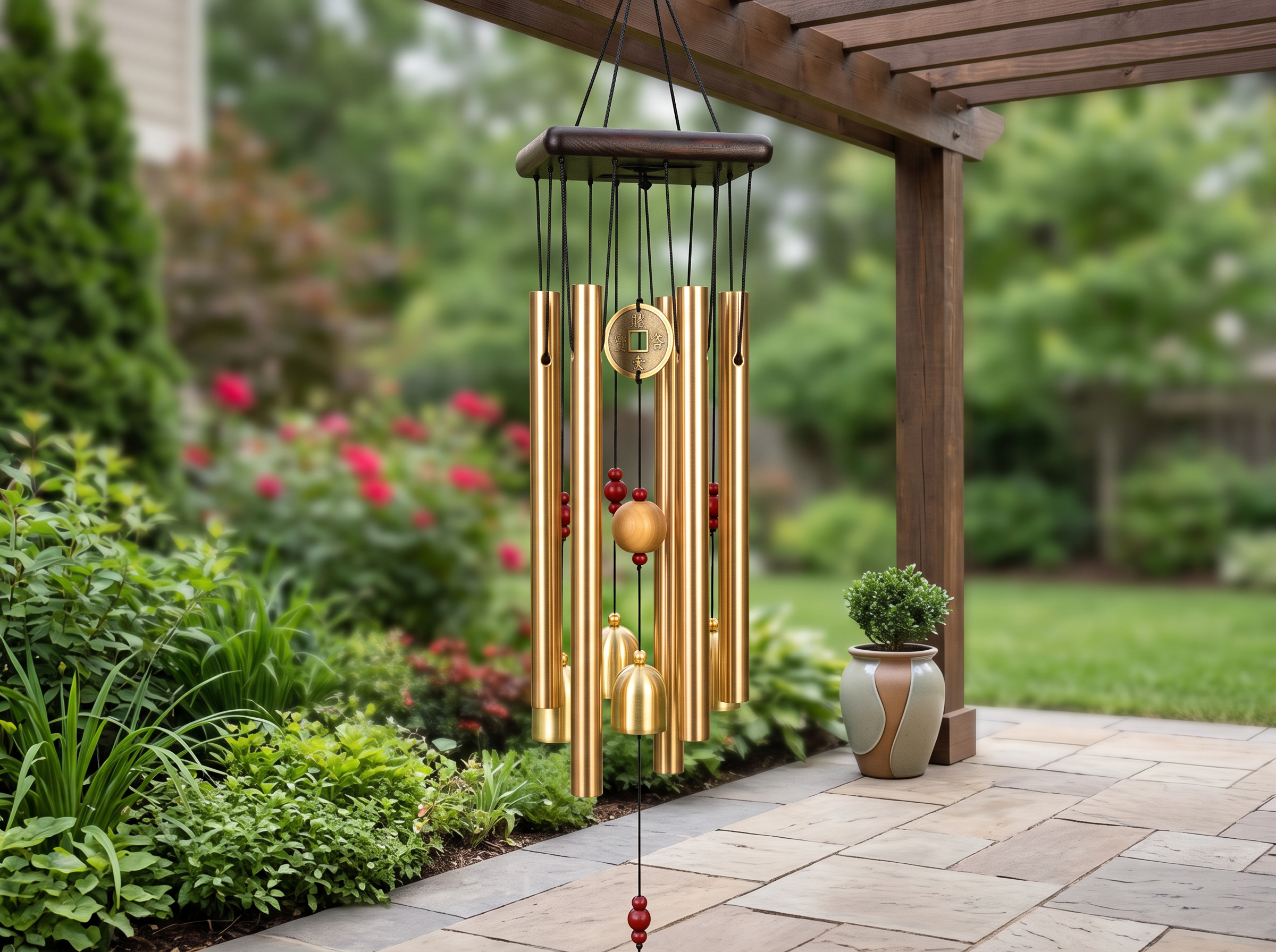 Large Gold Metal Wind Chime with Bells for Garden and Patio Calm in a realistic home setting