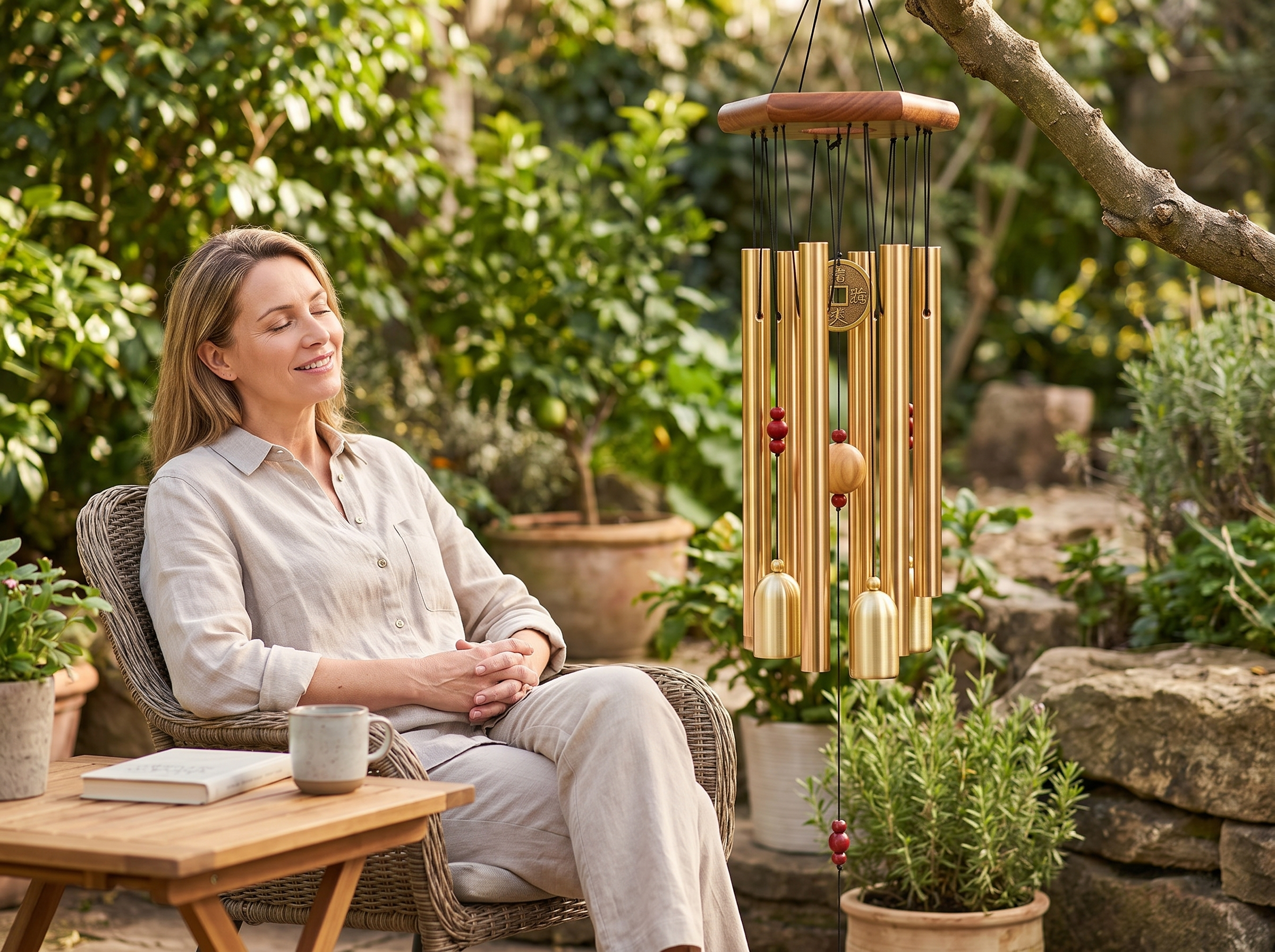 Large Gold Metal Wind Chime with Bells for Garden and Patio Calm shown in natural everyday use at home