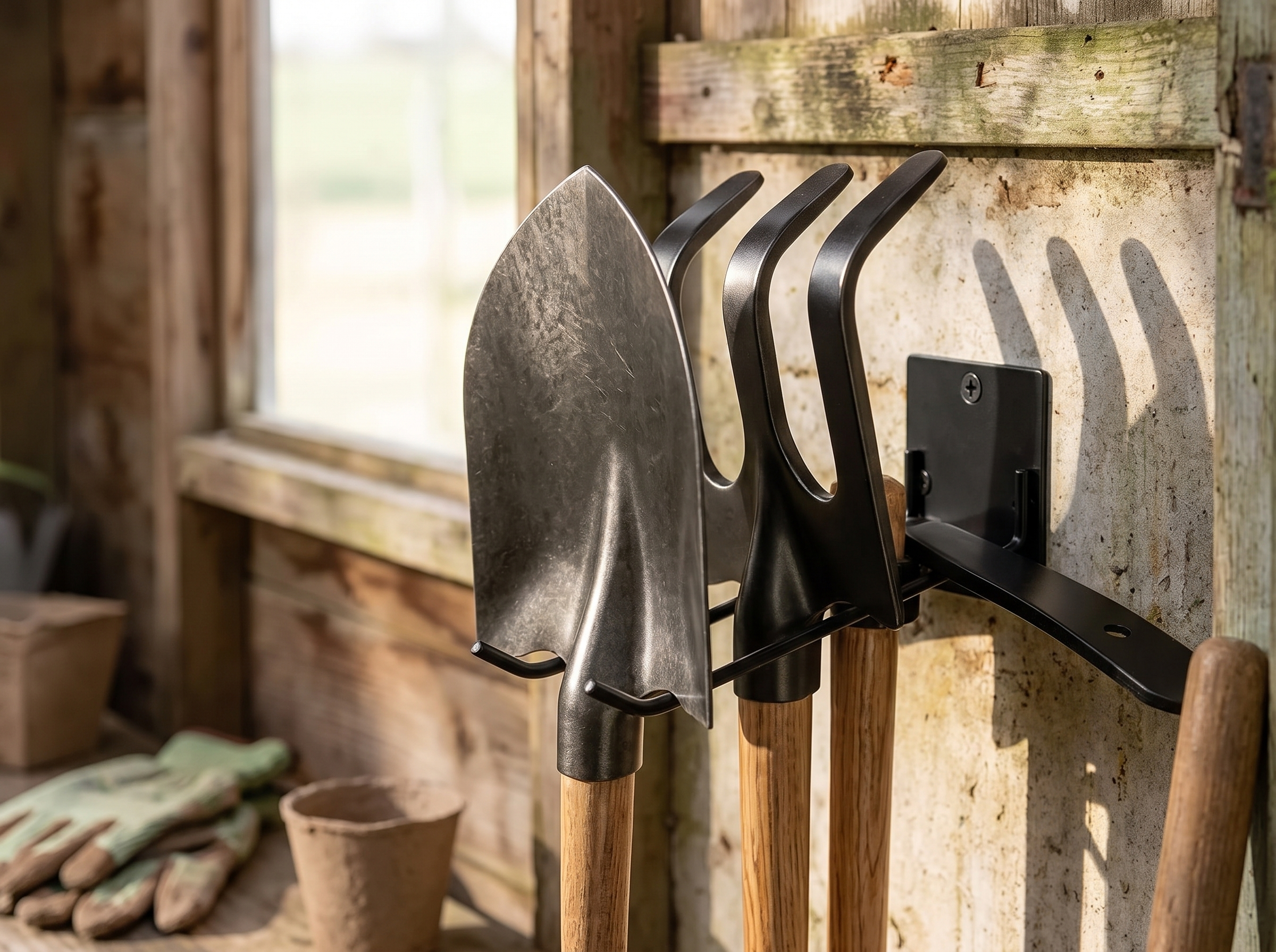Wall-Mounted Iron Garden Tool Holder for Garage or Shed Organization in a realistic home setting
